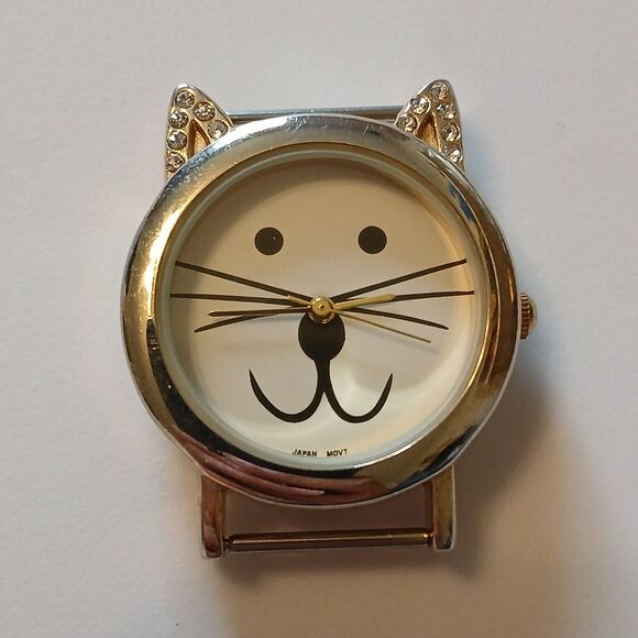 Geneva Platinum Women's Gold Tone Japan Movt Cat Face Dial Rhinestone Watch Case - Picture 1 of 13